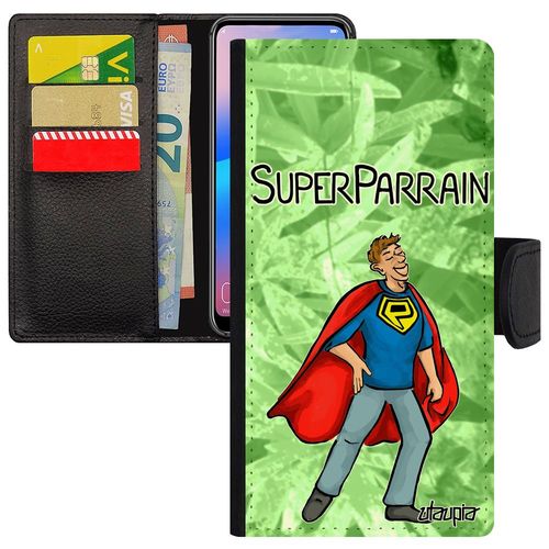 Coque Huawei P10 Lite Cuir Super Parrain Comics Humour Portable Mobile Heros Vert Texte Comique À Clapet Drole Bd Naissance Fille De