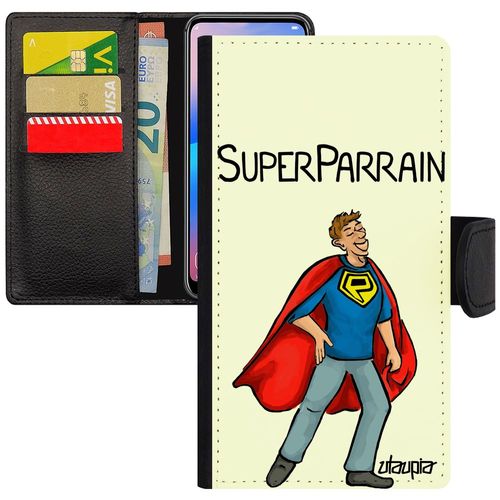 Coque Iphone Xs Max Cuir Portefeuille Super Parrain Aimantée Heros Comics Texte 64 Go Noir Mobile Enfant Humour Drole Comique