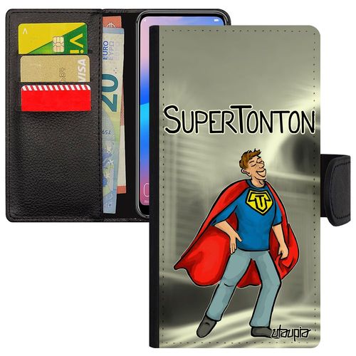 Coque Pour Huawei P10 Lite Rabat Porte Cartes Silicone Super Tonton Aimantée Bebe Bande Dessinée Texte Gris Comics Heros Etui Drole