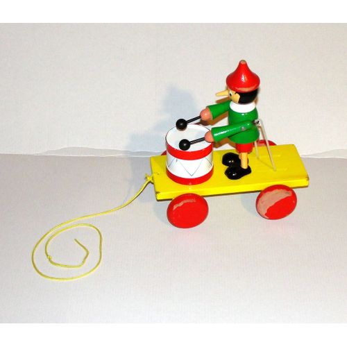 Pinocchio En Bois A Tirer Ancien Figurine Chariot Action A Tambour Jouet En Bois Metal