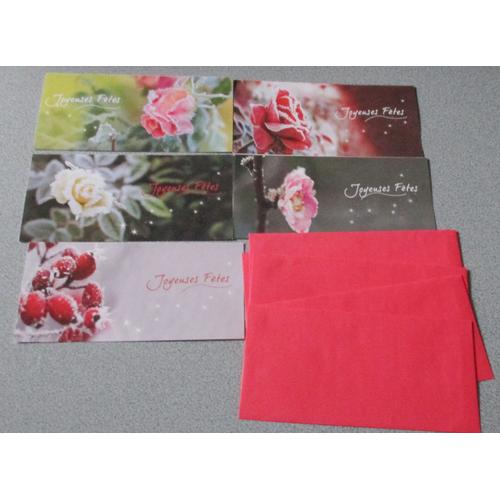 Lot De 5 Cartes Doubles Décorées De Jolies Fleurs Givrées Sur Fonds Dégradés Marquées Joyeuses Fêtes - 19x9cm - Avec Enveloppes Rouges - Collection Rose De Noël - Éditées Par Petits Frères Des Pauvres