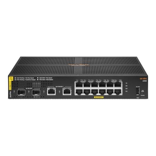 HPE Aruba 6100 12G Class4 PoE 2G/2SFP+ 139W Switch - Commutateur - Géré - 12 x 10/100/1000 (PoE+) + 2 x 1 Gigabit / 10 Gigabit SFP+ + 2 x 1000Base-T - Montable sur rack - PoE+ (139 W)
