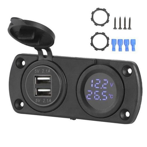 Voiture 12v Dual Usb Courant De Sortie Température Voltmètre Chargeur Prise Allume-Cigare (Bleu)