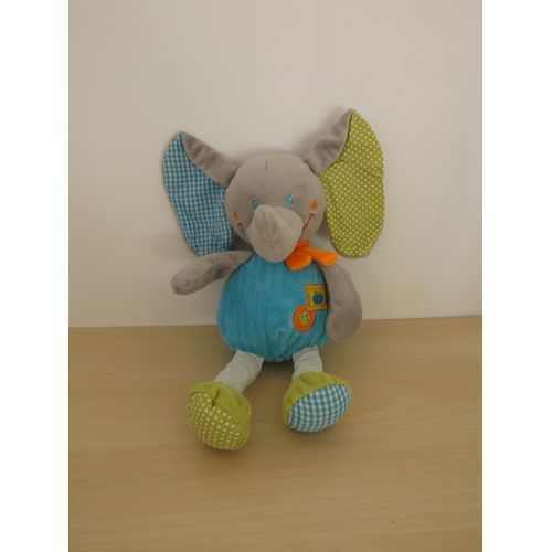Peluche Doudou Éléphant Vert Bleu Orange Mots D'enfants