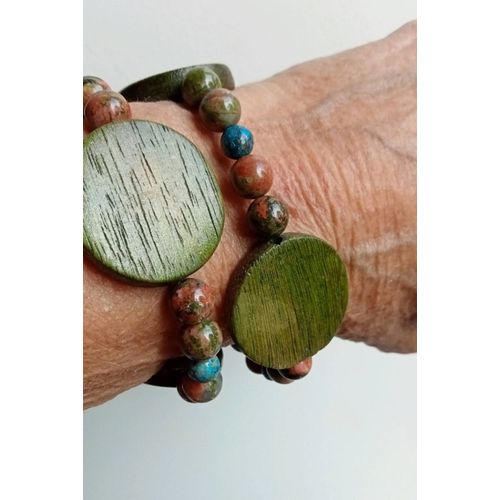 Duo De Bracelets Unakite, Chrysocolle Et Bois.