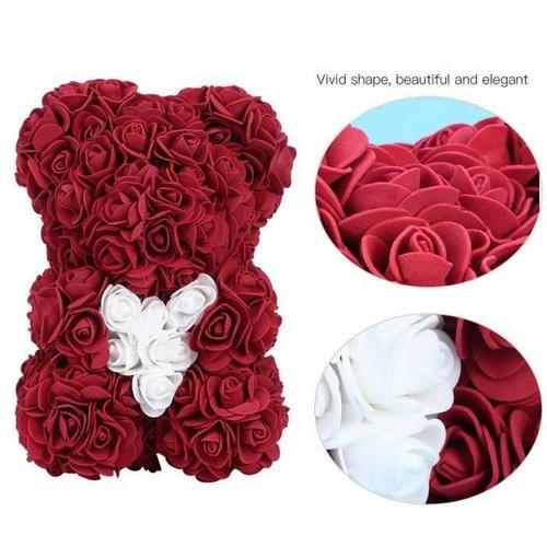 Lanqi Fleur Plante Belle Unique Forme D'ours Simulation Fleur Artificielle Rose Décor Cadeau (Ours Rouge Foncé Coeur Blanc)