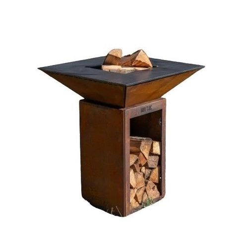 Braséro plancha Le Cévenol avec meuble range bois en corten 74x74x90 Barbecue d'extérieur Grill'Chic