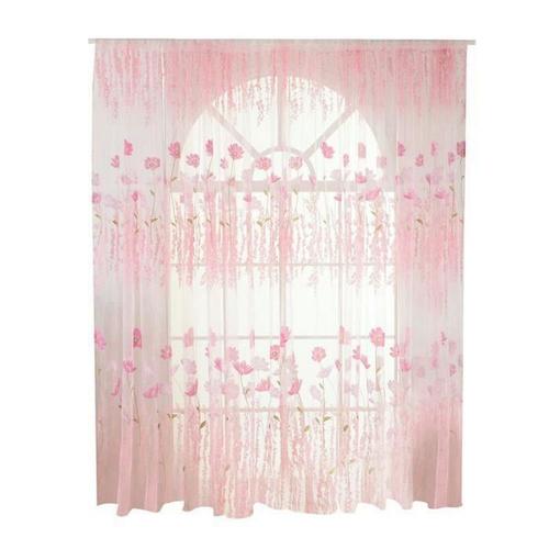 Tulle Rideau Polyester Motif Floral Fenêtre Tulle Voile Rideau Chambre Salon Décor (Rose)