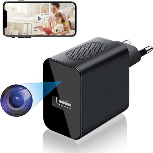 Caméra Espion WiFi USB Chargeur, 1080P Adaptateur Camera Mini Caméra Cachée avec Alarme de Détection de Mouvement, Mini caméra de Surveillance Prise en Charge Android et iOS