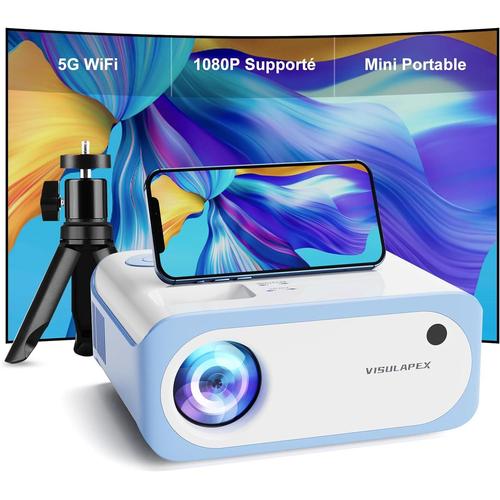 Mini Projecteur Portable avec Trépied, V3 5G WiFi Vidéoprojecteur 9000L, 1080P Full HD Supportée, Rétroprojecteur pour Home Cinéma, Compatible avec Smartphone HDMI USB Firestick