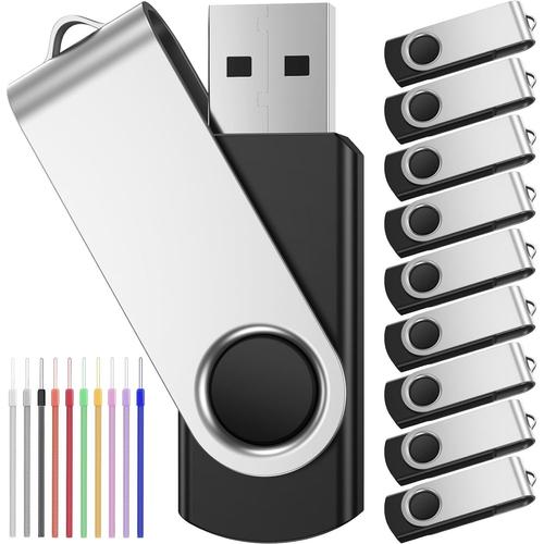 1 Go Cle USB Lot de 10 Clés USB 2.0 - Mémoire Stick Pivotante Clé USB 1Go Lecteur Flash USB - Noir Clef USB PenDrive avec Cordes