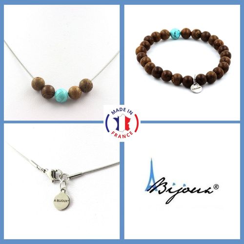 Parure Bracelet Collier Perles Bois + Howlite Turquoise 8 Mm. Chaine Taille Personnalisable.