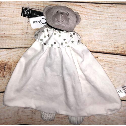 Doudou Ours Blanc J-Line Oscar Lange Blanc Velours Ourson Pois Gris Collerette Peluche Naissance Jouet Bébé Jline