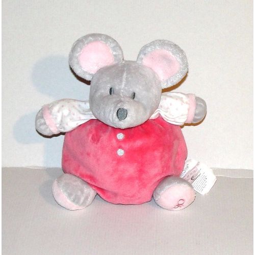 Doudou Souris Boule Obaibi Hochet Peluche Souris Grise Rose