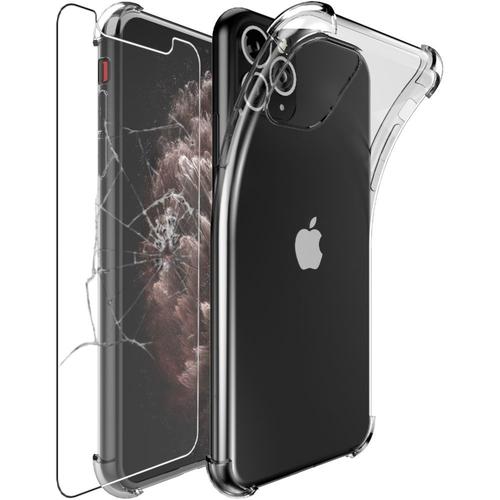 Ebeststar - Coque + Film Verre Trempé Protection D'écran Iphone 11 Pro Etui Silicone Slim Coins Rebords Renforcés Invisible Antichoc, Transparent [Dimensions Precises Smartphone : 144 X 71.4 X 8.1mm, Écran 5.8'']