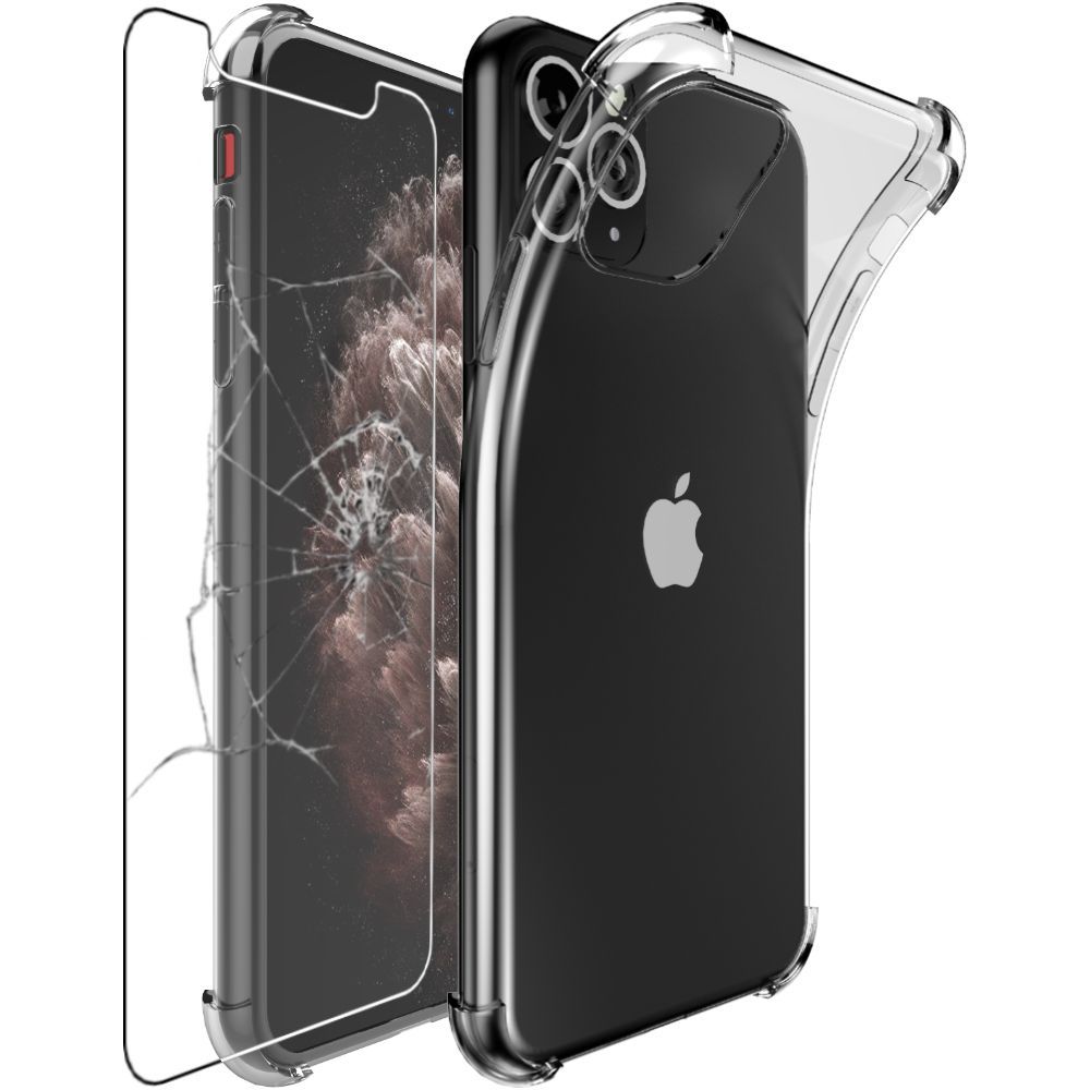 Ebeststar - Coque + Film Verre Trempé Protection D'écran Iphone 11 Pro Max Etui Silicone Slim Coins Rebords Renforcés Invisible Antichoc, Transparent [Dimensions Precises Smartphone : 158 X 77.8 X 8.1mm, Écran 6.5'']