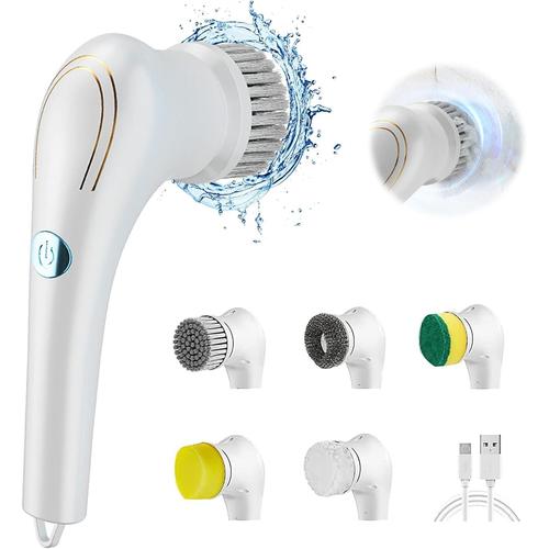 Brosse de Nettoyage Électrique, Handheld Spin Scrubbe 360° à Brosse de Nettoyage sans Fil avec 5 Têtes de Brosse Remplaçables Brosse Electrique Nettoyage pour Salle de Bain, Cuisine