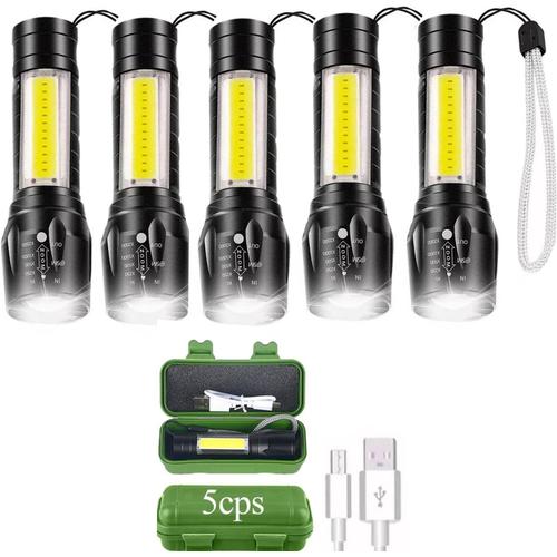 Lot De 5 Lampes De Poche Rechargeables Avec Lumières Latérales Cob 3 Modes 2000 Lm Lumière Blanche Pour Camping, Randonnée, Urgence, Usage Quotidien, Noir