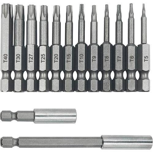 Lot de 12 embouts de tournevis à tête Torx + 2 tailles de support d'extension de foret magnétique, tige hexagonale S2 de 6,35 mm, kit d'outils de tournevis inviolable, foret étoile 6 points T5-T40 50