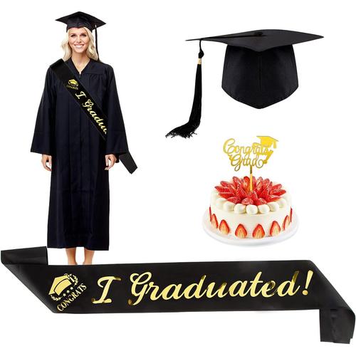 Echarpe Ceinture Graduation avec Chapeau Diplomé Etole et Cake Toppers Décoration Gâteau Cupcake Toque Etudiant Noire Cérémonies de Remise des Diplômes