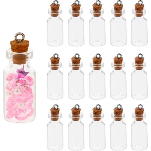 Lot de 15 mini bouteilles en verre transparent de 35 x 16 mm avec bouchon en liège pour projets d'art et d'artisanat, décoration de bijoux, cadeaux de fête de mariage (35 x 16 mm)