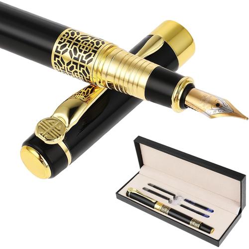 Ensemble De Stylos Plume De Luxe, 0.7 Mm Stylo Plume Vintage À Pointe Moyenne Avec 2 Cartouches D'encre Noires Et 2 Bleues De 2.6 Mm, Stylo De Calligraphie Pour Cadeau De Signature(Noir)