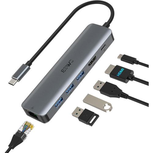 6 en 1 Hub/Adaptateur USB C avec RJ45 Ethernet, 4K HDMI, 100W PD,3 Port USB 3.0, Type C Adaptateur Multiport pour Thunderbolt 3 Laptop MacBook Air/Pro, iPad Pro M1/M2, Mac Min