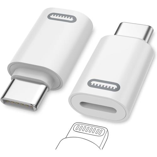 Adaptateur Lightning vers USB C 2 Pièces, Adaptateur USB-C Mâle vers Lightning Femelle Connecteur Compatible pour iPhone 15/15 Pro/15 Pro Max/15 Plus, iPad Pro/Air, Pas pour Audio/OTG, Blanc