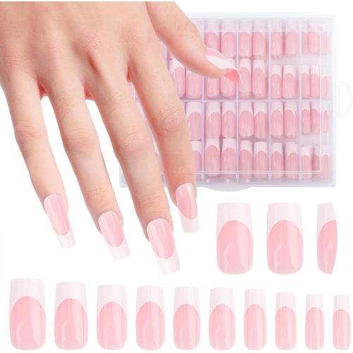 Faux Ongles, Français Faux Ongles Artificiels French Press On Nail Brillant Carrés Couverture Complète Couleur Nude Faux Ongles Nail Art Pour Femme Et Fille 360 Pièces 