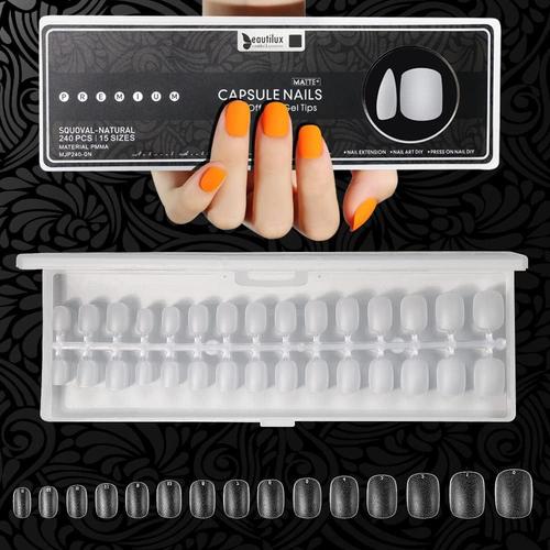 240pcs Faux Ongles Squoval Court 15 Tailles Couverture Complète Pré-Poncé Mat Capsules Américaines Manucure Français Pour Presse Sur Les Ongles Diy French Manicure Soft Gel Tips 