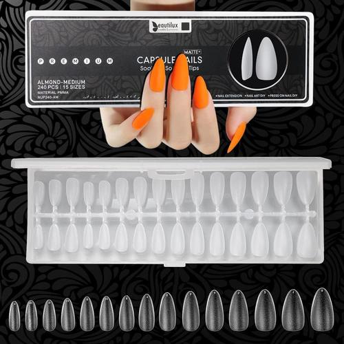 240pcs Faux Ongles Amande Moyenne 15 Tailles Couverture Complète Pré-Poncé Mat Tough Capsules Américaines Manucure Français Pour Presse Sur Les Ongles Diy, French Manicure Soft Gel Tips 