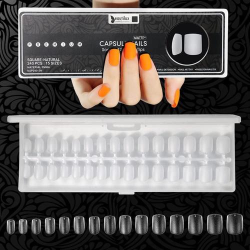 240pcs Faux Ongles Forme Carrée Court 15 Tailles Couverture Complète Pré-Poncé Mat Tough Capsules Américaines Manucure Français Pour Presse Sur Les Ongles Diy, French Manicure Soft Gel Tips 