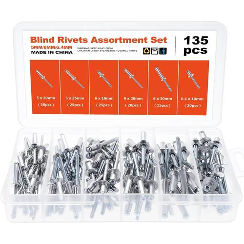 135PCS Rivets aluminium tête de dôme Assortiment de rivets pop en aluminium Rivets aveugles pour pinces à rivets, 6 tailles