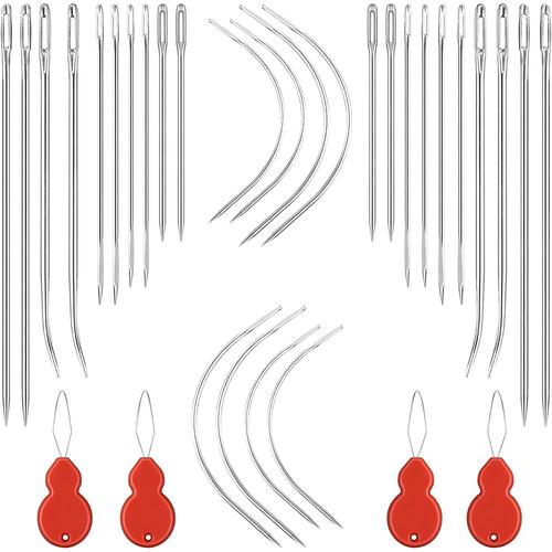 Lot De 24 Aiguilles À Coudre Robustes À La Main Avec 4 Enfile-Aiguilles, Aiguilles Triangulaires Incurvées Assorties Pour Tissus D'ameublement, Cuir, Moquette Et Toile (4)