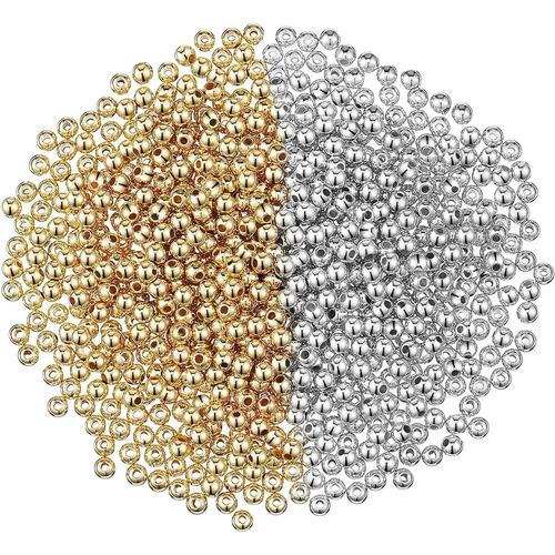 3000 Pièces 4 Mm Perles Rondes Lisses Petites Perles D'espacement Perles À Billes Rondes Perles Lâches Lisses Sans Couture Pour Bracelet Collier Bijoux Artisanat Bricolage (Or, Argent)