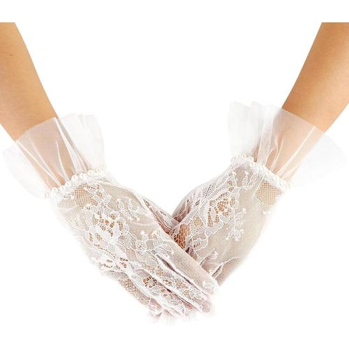 Gants courts élégants en dentelle, gants en dentelle pour femme avec perles, gants en dentelle florale, gants courts en dentelle pour mariages, opéras, dîners, bal de fin d'année