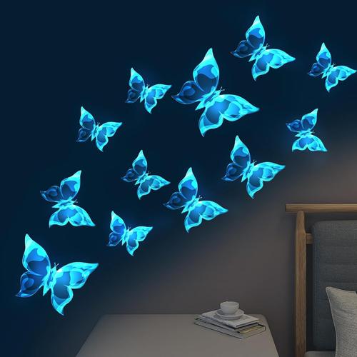 Autocollant Papillon 12pièces, Stickers Muraux Papillons Lumineux Autocollants Décoratifs Stickers Papillon pour mur de Salon de Chambre à Coucher-Bleu