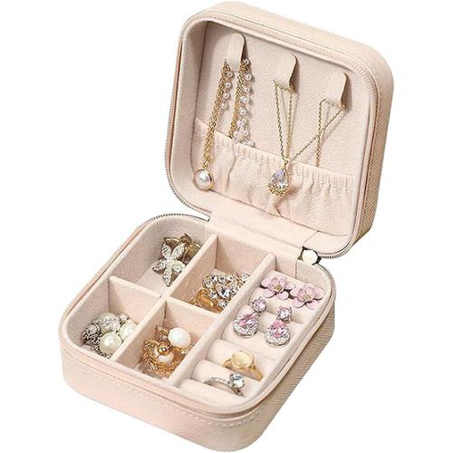 Boîte à bijoux de voyage en cuir synthétique avec 3 pièces en tissu argenté pour bagues, boucles d'oreilles et collier, boîte à bijoux portable pour filles (rose)