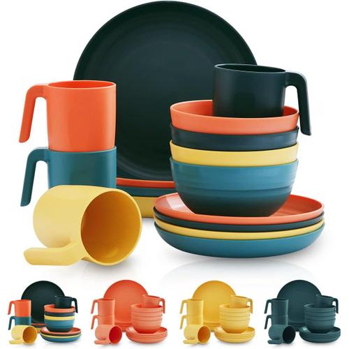 1. Mélanger Les Couleurs Assiettes Service De Table Plastique 16 Pcs, Vaisselle Et Arts De La Table Non Fragile Et Léger Idéal Pour Voyage, Pique Nique, Intérieur, Extérieur, Micro Ondes Sécurité