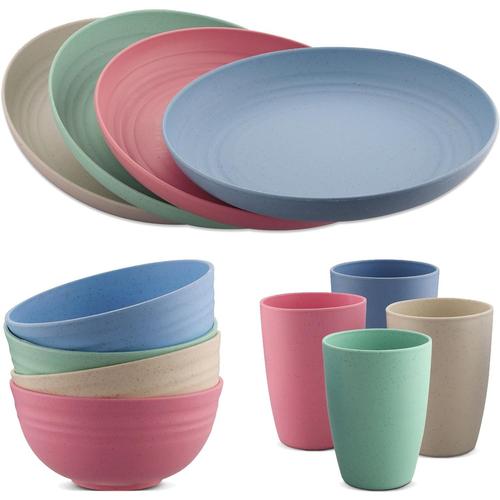 Bleu/Vert/Rose/Beige Service De Table En Plastique Pour 4 Personnes, 12 Pièces Incassables Avec Assiettes, Tasses Et Bols Pour Pique-Nique, Camping, Vaisselle Pour Enfants Pour Cuisine Extérieure