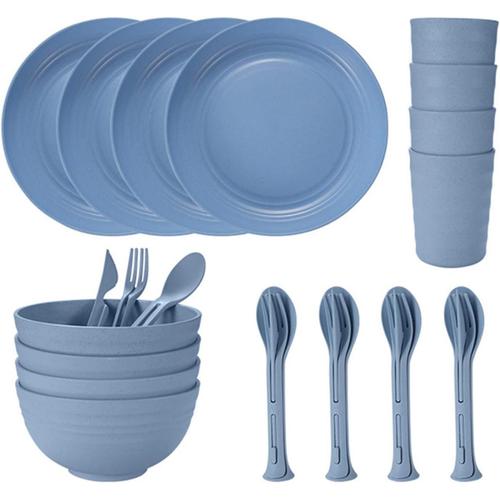 Blue Bleu Assiette De Camping De Camping Respectueuse De L'environnement Pour 4 Personnes, Grande Vaisselle De Table, Assiette De Dessert, Bol De Céréales, Ensemble De Vaisselle En Plastique,Bleu