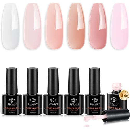 Gel Construction Ongle Uv, 8-In-One Builder Gel, Rosa Blanc Vernis Semi Permanent Kit, Gummy Base Pose Americaine Extension Et Modelage Pour Rubber Base Faux Ongles Nail Manucure Réparation 