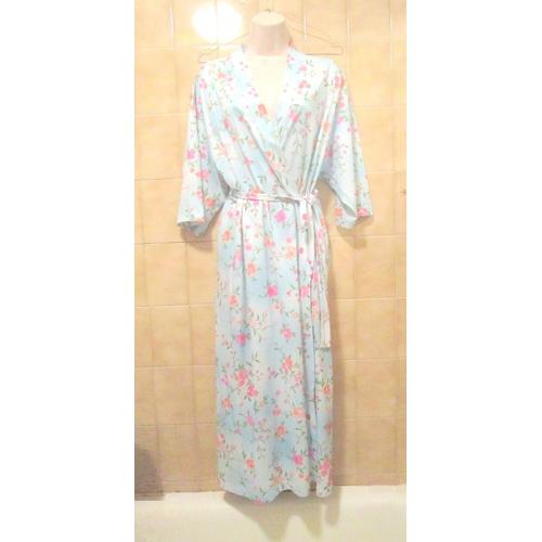 Robe De Chambre Bleu Clair Et Fleurs Roses Avec Liens À Nouer, Afibel, T. 38 Ou T. 40