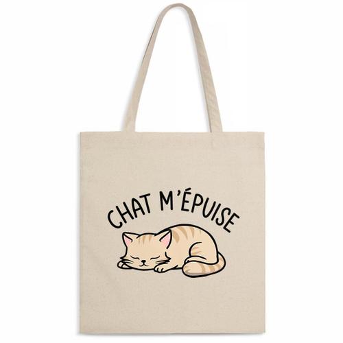 Tote bag "Chat m'e?puise" - Confectionné en France - Sac en toile coton 100% bio - Cadeau Animaux Anniversaire original rigolo