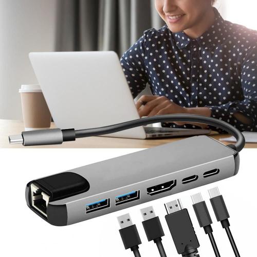 Adaptateur Portable Multi-Ports 6 En 1 De Type C Avec Hdmi 4k, Ethernet Rj45 Lan Compatible Avec Nintendo Switch, Usb-C