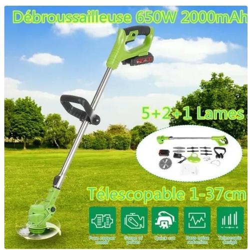 Débroussailleuse 650W 18000rpm télescopable 37cm + batterie 2000mAh + EU chargeur + 8 Lames