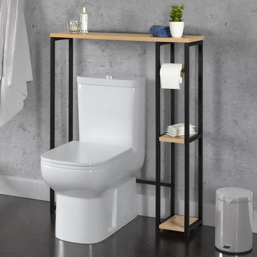 Meuble Toilette Wc Sdb Rangement Moderne Noir + Bois 79x95x23 Cm