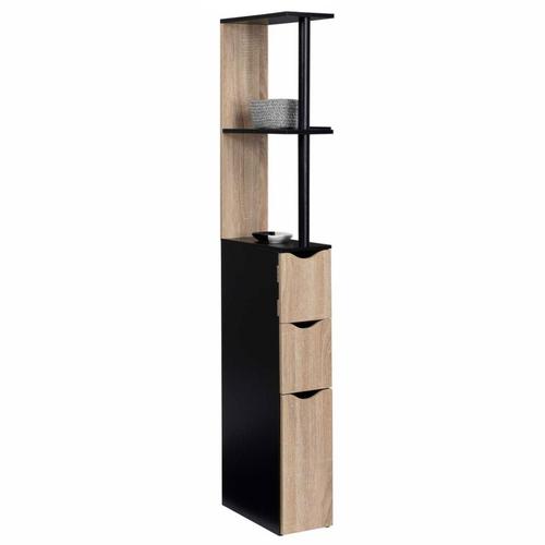 Colonne Meuble Rangement Sdb Wc Noir/Hetre Etageres + Tiroir 136x33x15cm