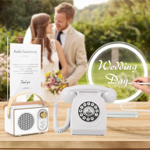 Livre d'or audio de mariage avec mini haut-parleur Bluetooth et panneau lumineux au néon, présentoir en acrylique (blanc)
