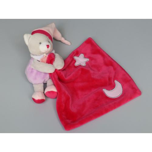 Doudou Chat Gris Rose Mauve Mouchoir Rouge Baby Nat'